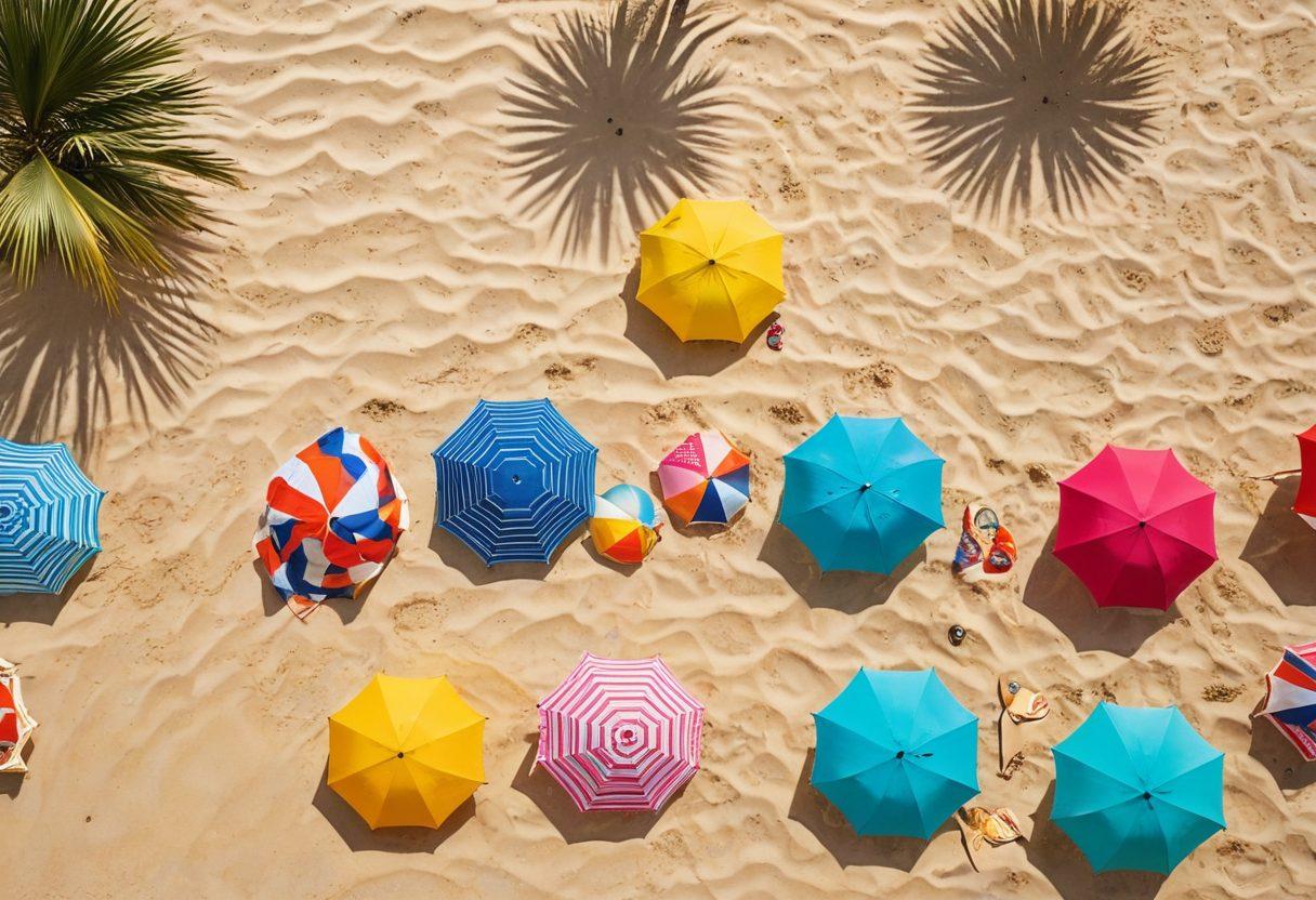 A sun-drenched beach scene showcasing an array of stylish beachgoers in vibrant bikinis and fashionable swimwear, surrounded by golden sand and turquoise waves. Include colorful umbrellas, playful beach accessories, and a background of palm trees swaying gently in the breeze. Capture lively summer vibes and the allure of beach fashion. super-realistic. vibrant colors. sunny atmosphere.